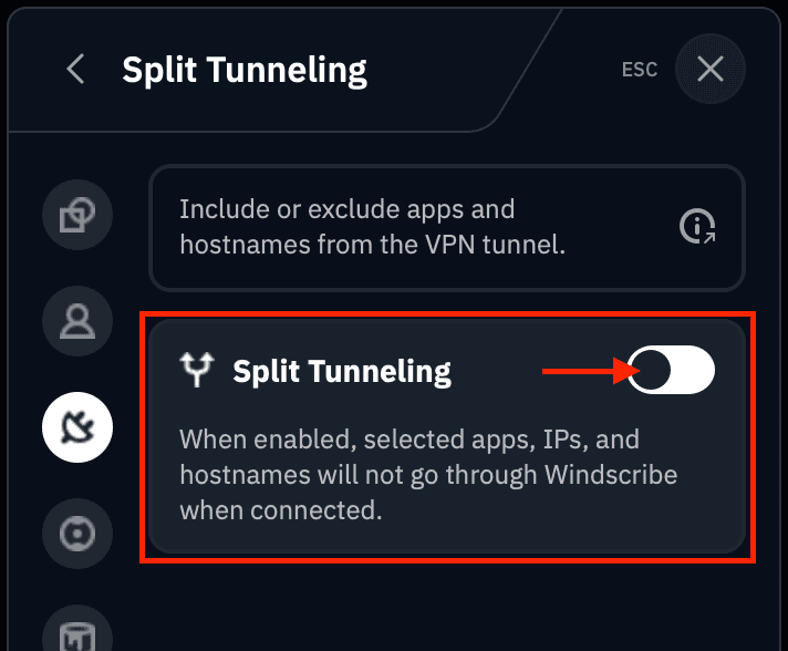 Split Tunnel toggle switch