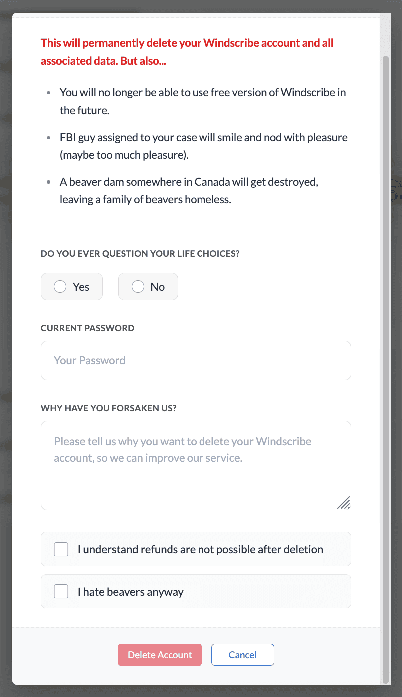 Delete Account prompt