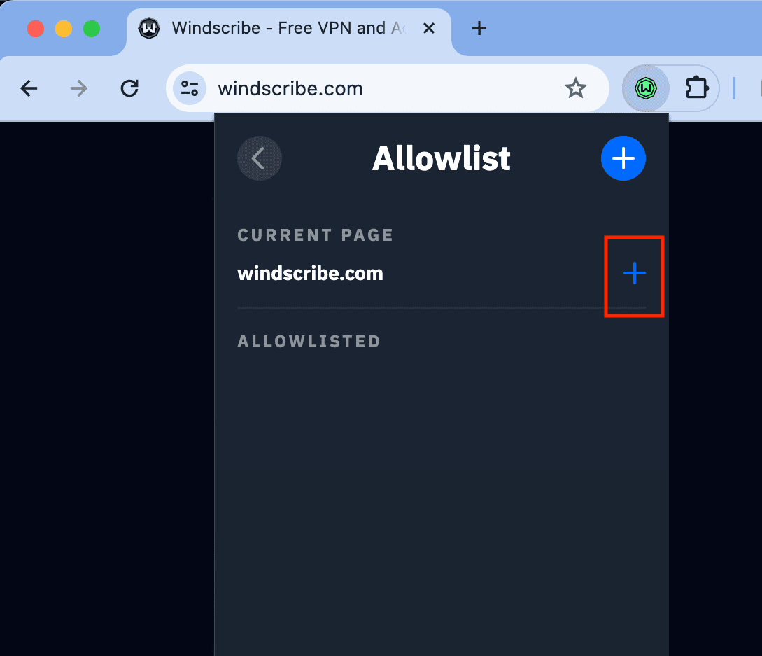 Windscribe extension Allowlist location step 2