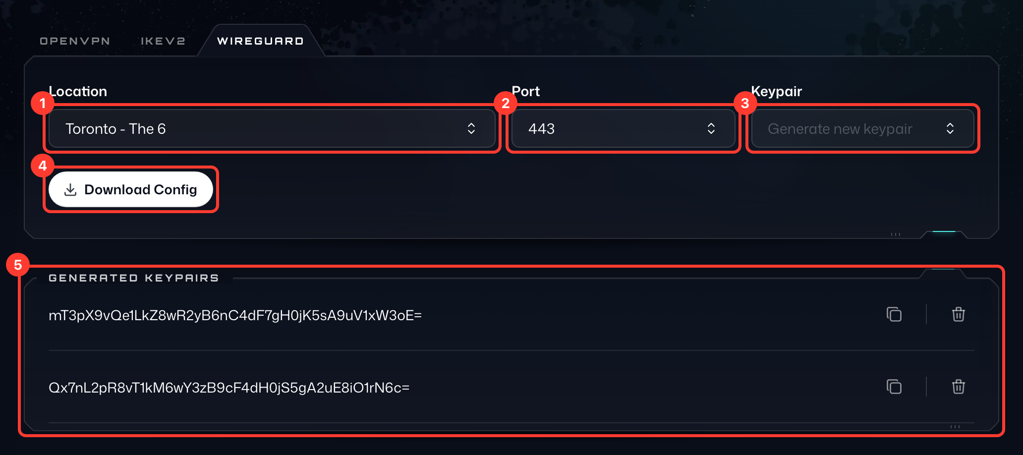 WireGuard tab of the Config Generator, with Location (1), Port (2), Keypair (3), Download Config (4) and Generated Keypairs (5) highlighted