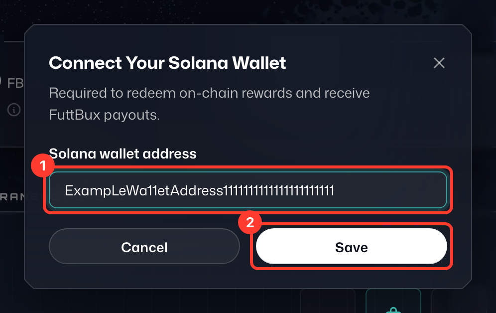Connect Your Solana Wallet window, with the wallet address (1) and Save (2) highlighted