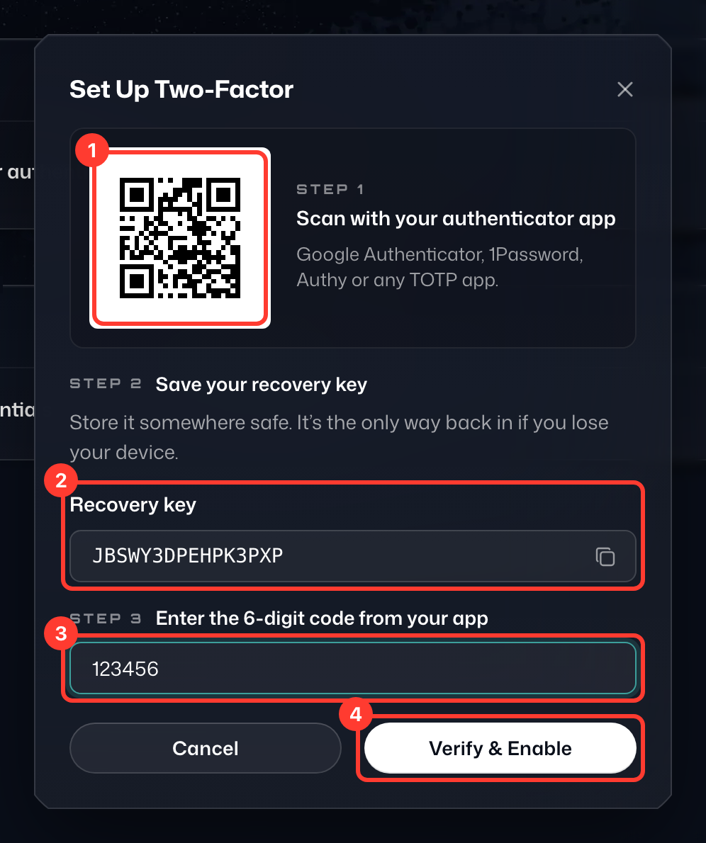 The Set Up Two-Factor dialog, with the QR code, the recovery key, the 6-digit code field and Verify & Enable numbered 1 to 4