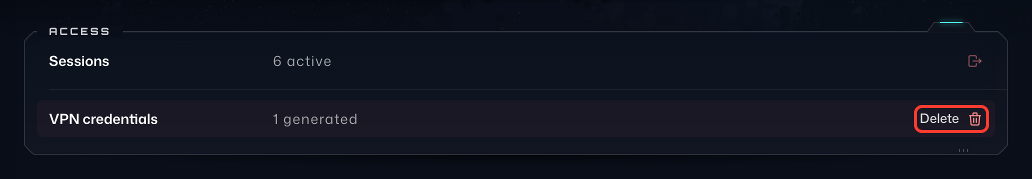 The Access card under Security, with Delete highlighted on the VPN credentials row
